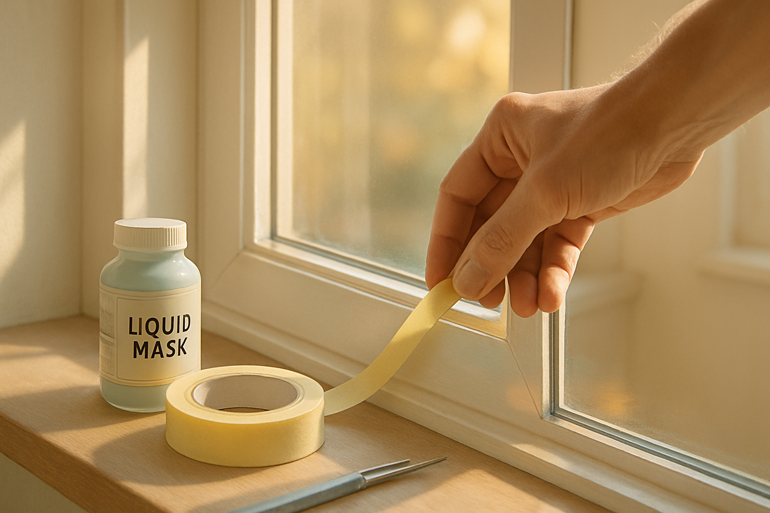 photographic An image capturing the delicate edge of a glass window showcasing the meticulous process of painting it The scene is set in a sunlit room-1