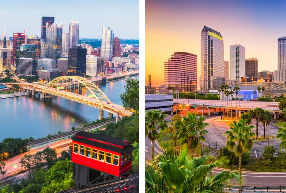 City skylines of Pittsburgh and Tampa Bay